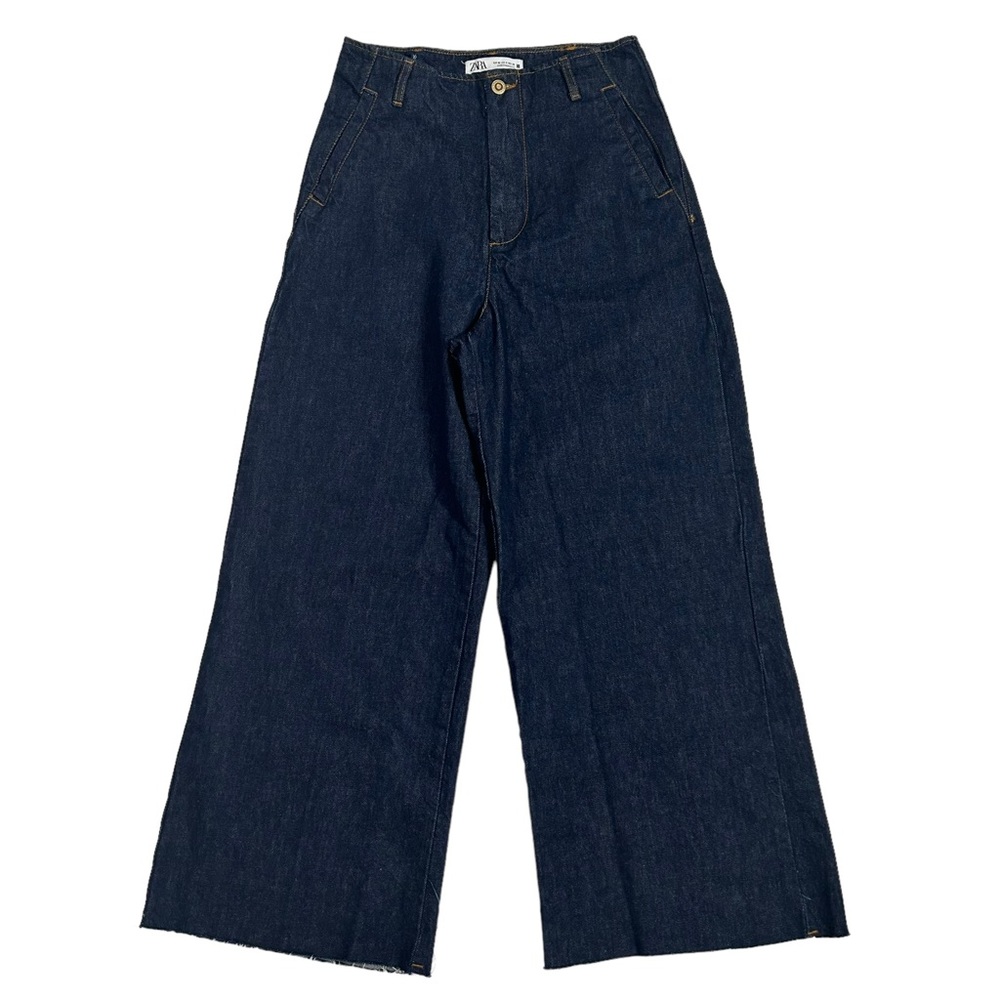 Zara High Rise Wide Leg ankle Cropped Dark Wash Denim Jeans